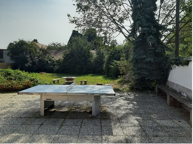garden with grass and patio tiles and sturdy ping-pong table