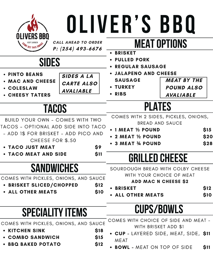 Olivers BBQ Menu