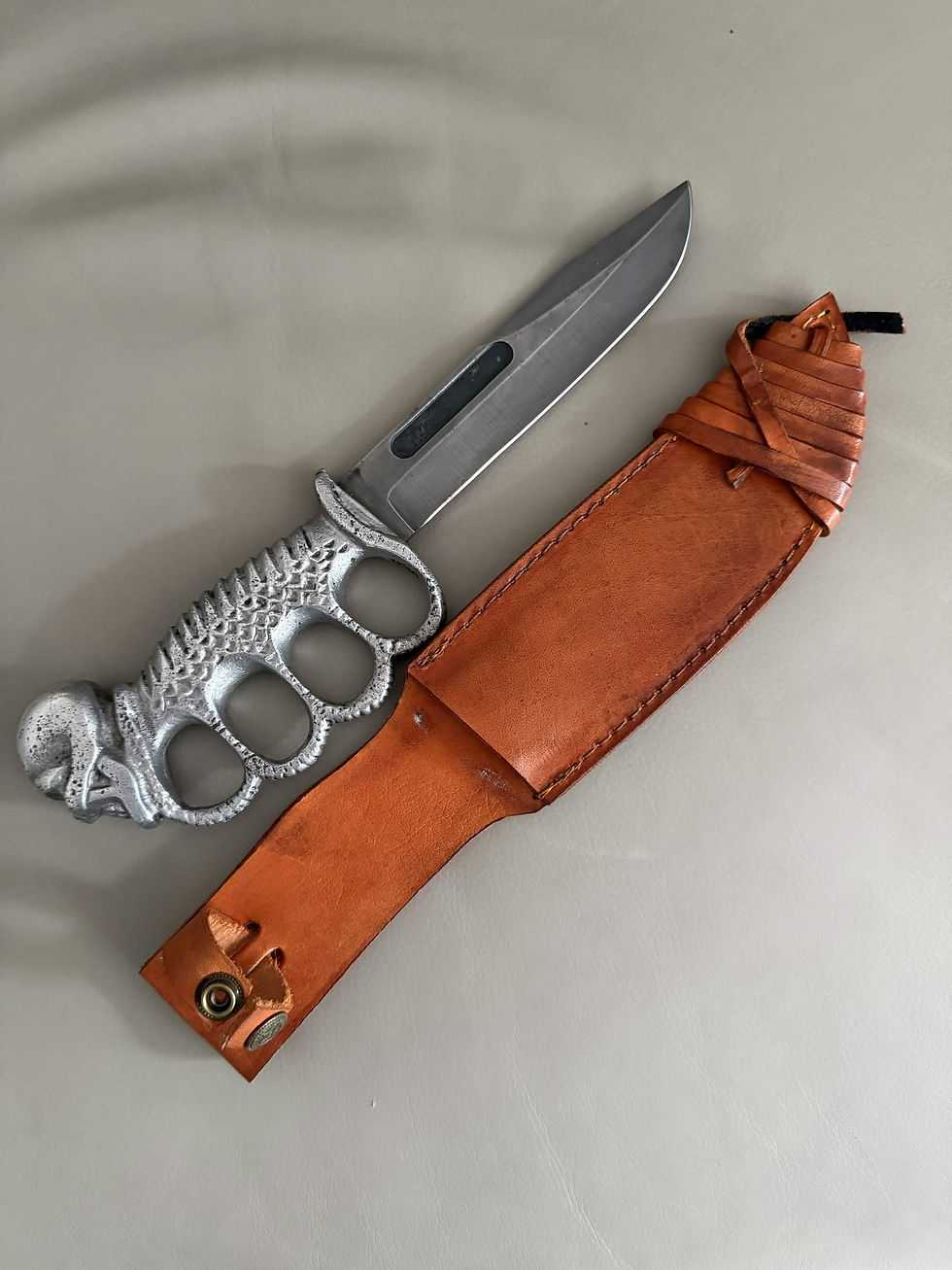 Thumbnail: Skull Pommel Trench Knife with Custom Leather Sheath
