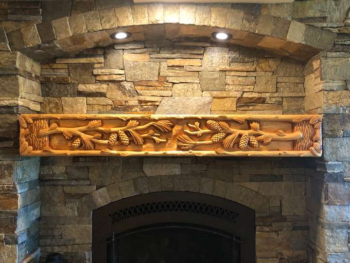 hand carved wildlife fireplace mantle relief woodcarving, hand crafted rustic wildlife artwork