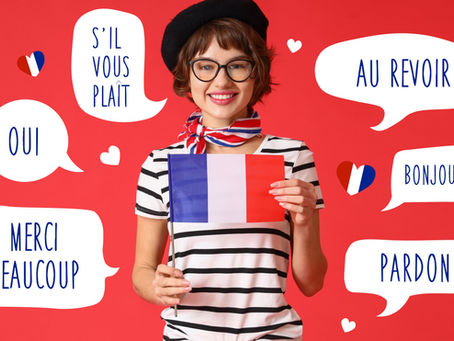 picture of a girl in french clothing holding a french flag surrounded by french phrases