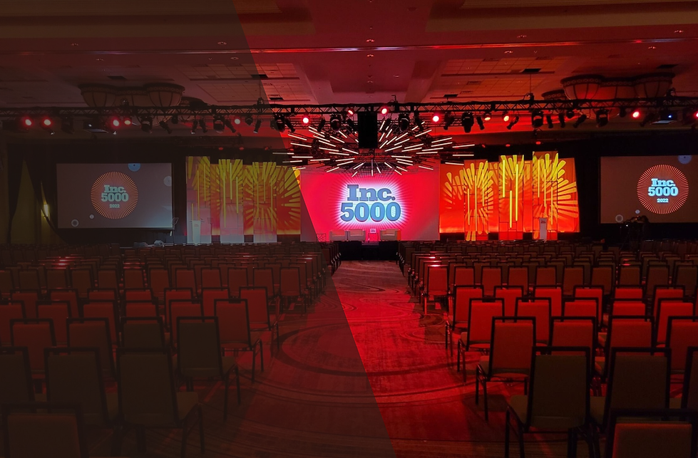 Corporate event stage production by J. Thor Productions with LED video displayt and event lighting.