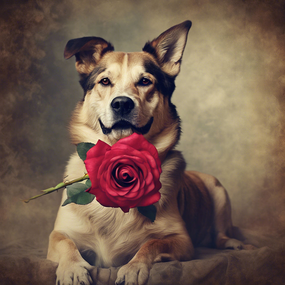 A dog with a rose