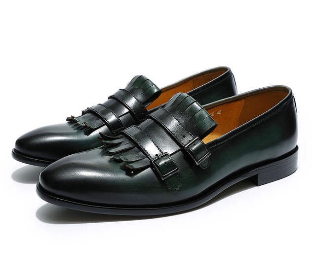 classic mens loafer double monk strap genuine leather brown green casual dress s