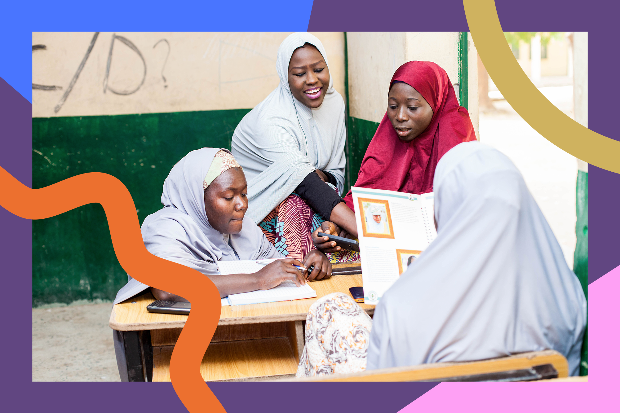 Nigerian girls learning with a community education champion during an outdoor lesson