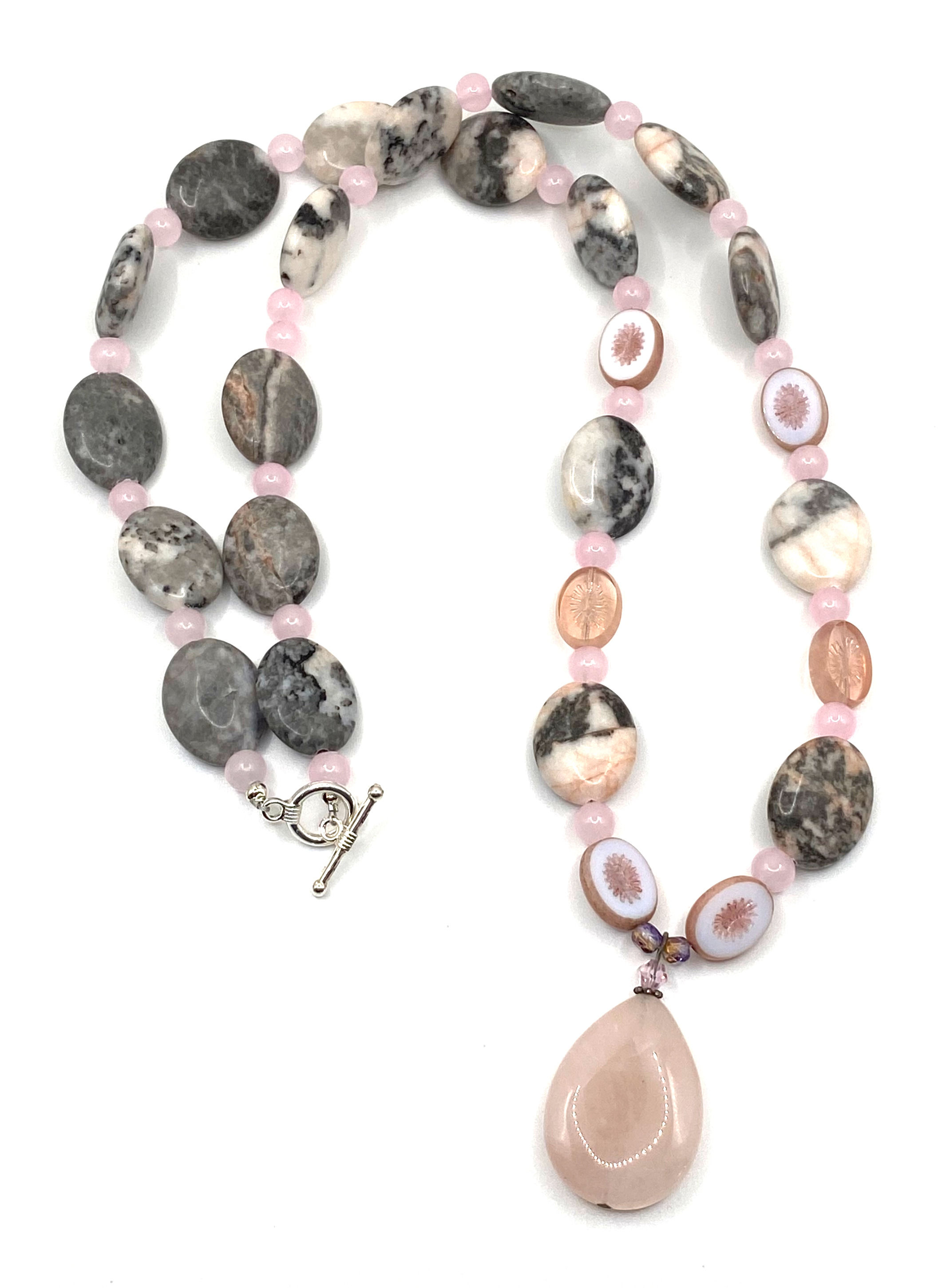 Pink and Gray with Vintage Beads and Pink Stone Pendant