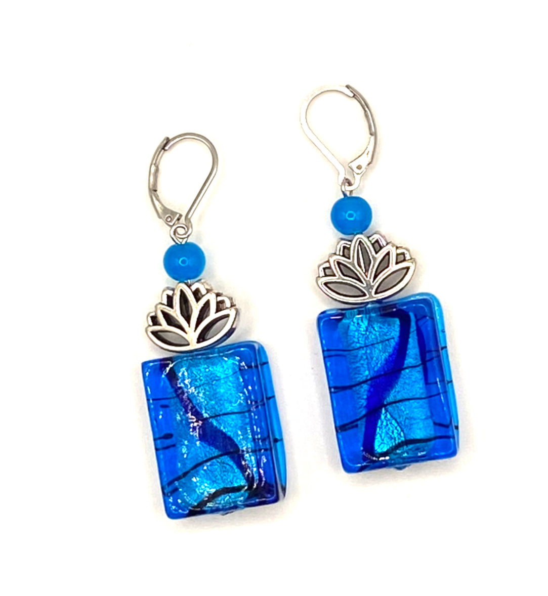 Blue Glass Beads with Silver Lotus