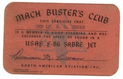 The card that 2nd Lt. Duncan Bevan was recognized with after breaking the sound barrier in an F-86 S