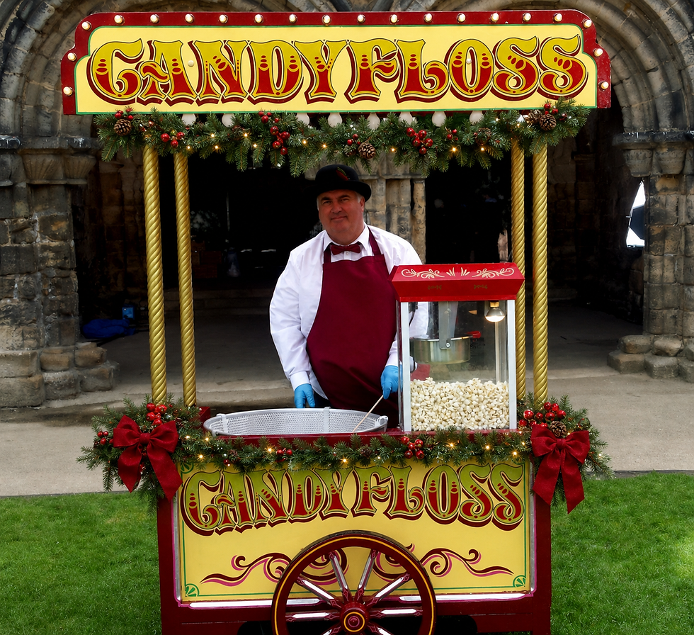 Candy Floss & Popcorn Cart decorated for Christmas Hire