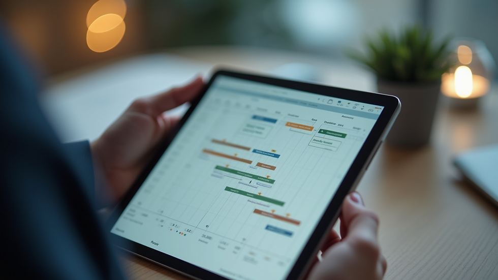 Close-up view of a project manager reviewing a digital project timeline on a tablet