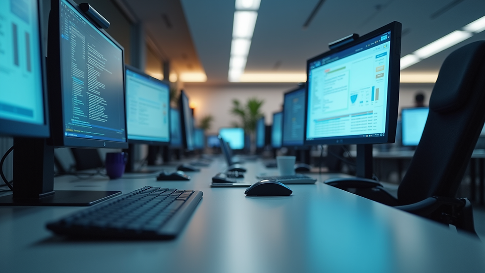 Eye-level view of a modern office workspace with multiple computer screens