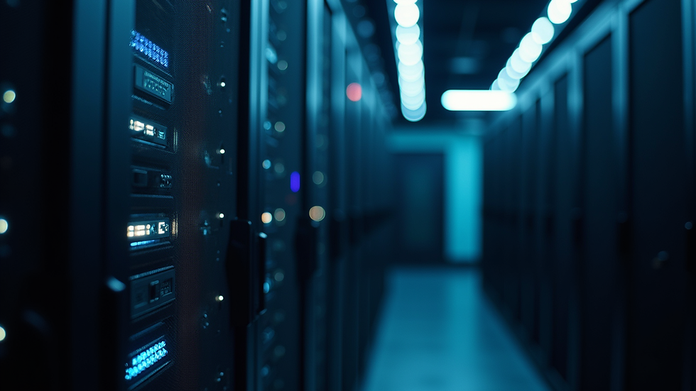 Close-up view of a server rack in a data centre with blinking lights