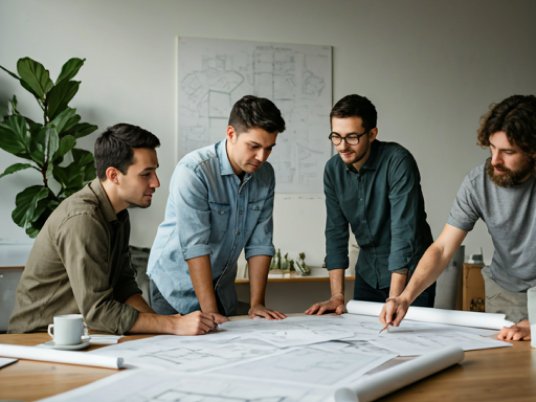 Team collaborating over architectural plans in modern office