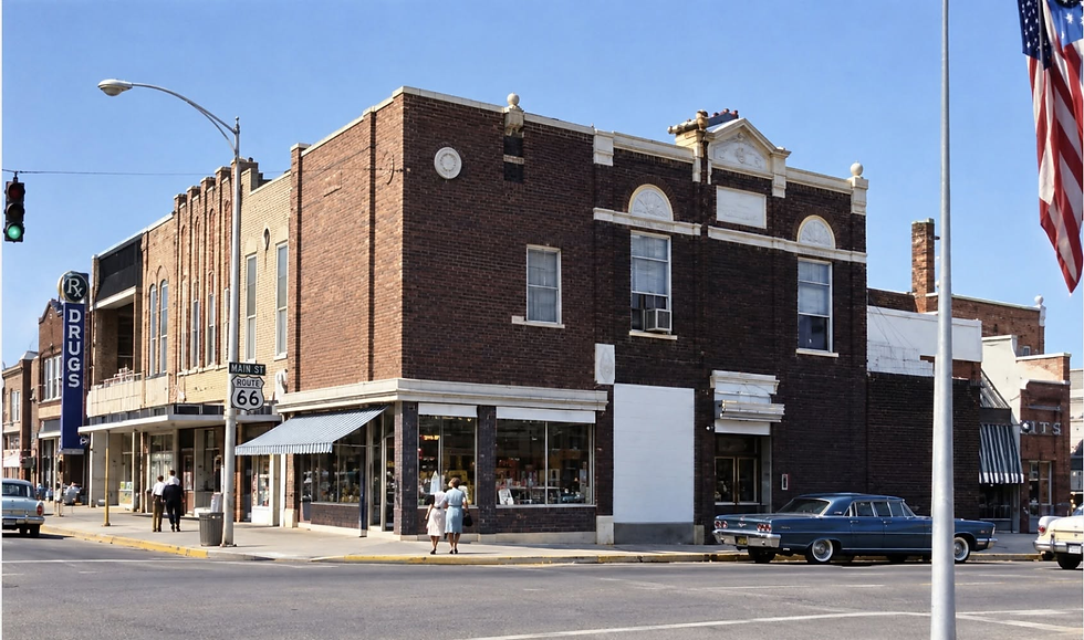 AI enhanced photograph of a newspaper photograph of the Compton Building after Wayne Jensen's contract work to replace the front 1/3 of the building