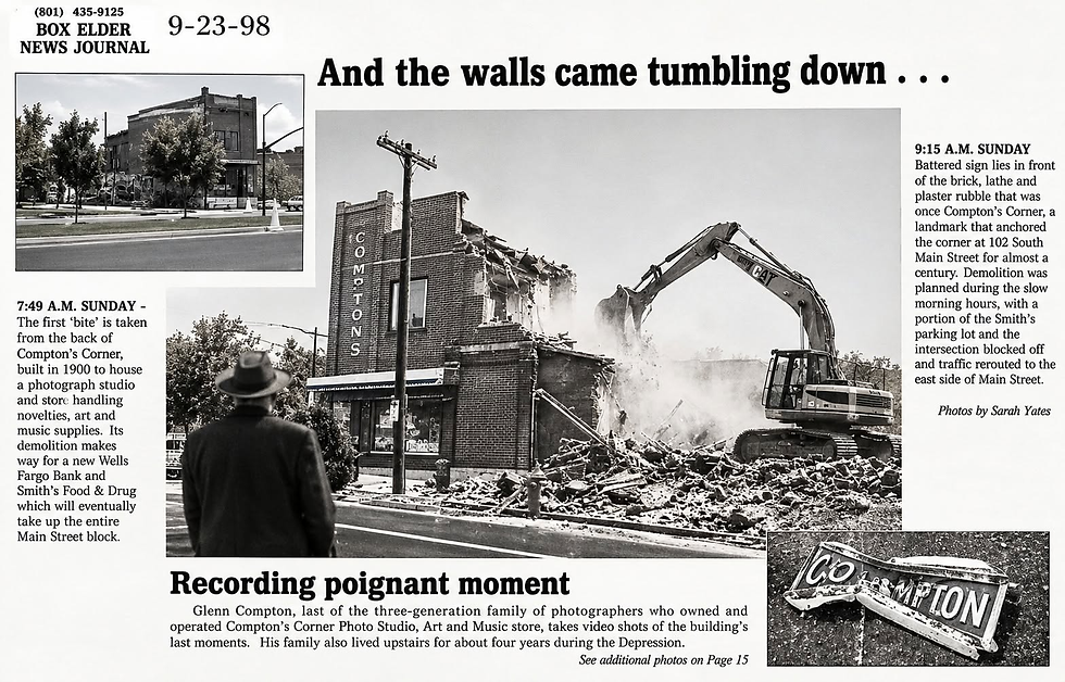 An AI enhanced newspaper article documenting the destruction of Compton's building in 1998
