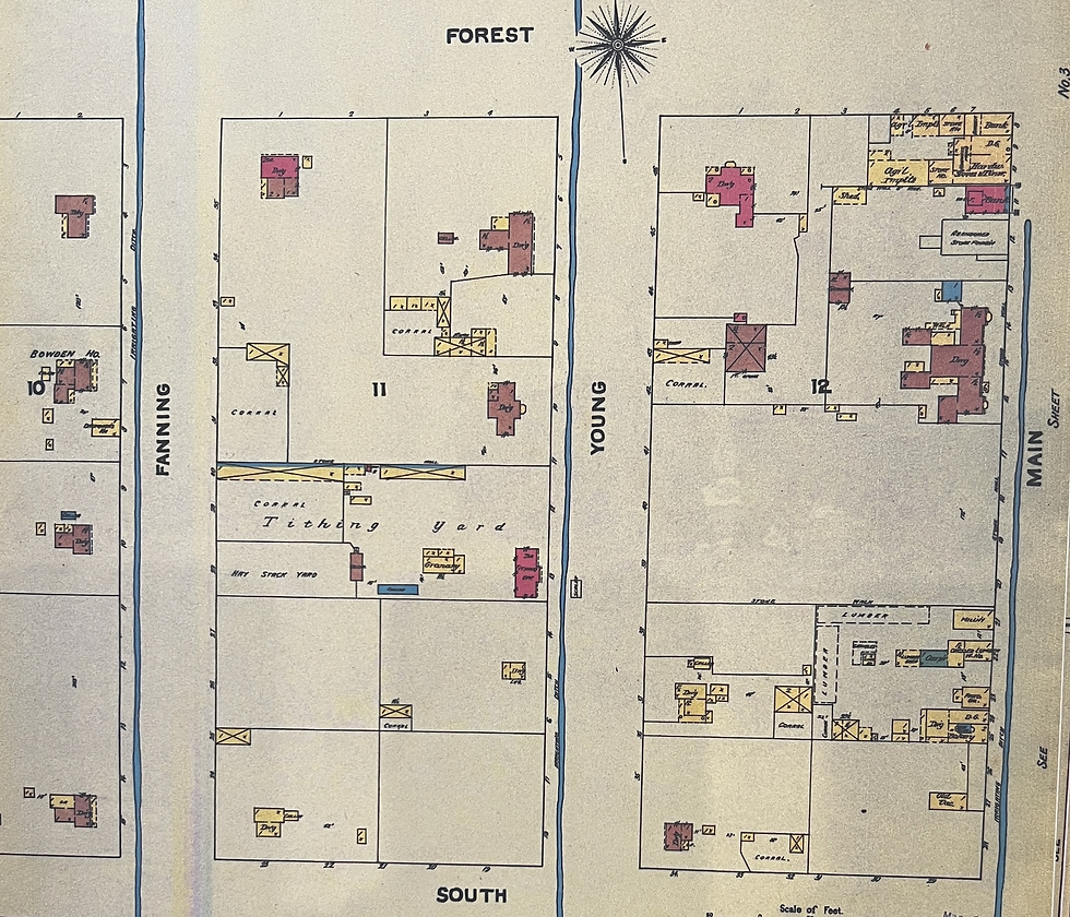 Boden House on left edge right next to "Fanning" (Farming) Street. Now 200 West in 1900