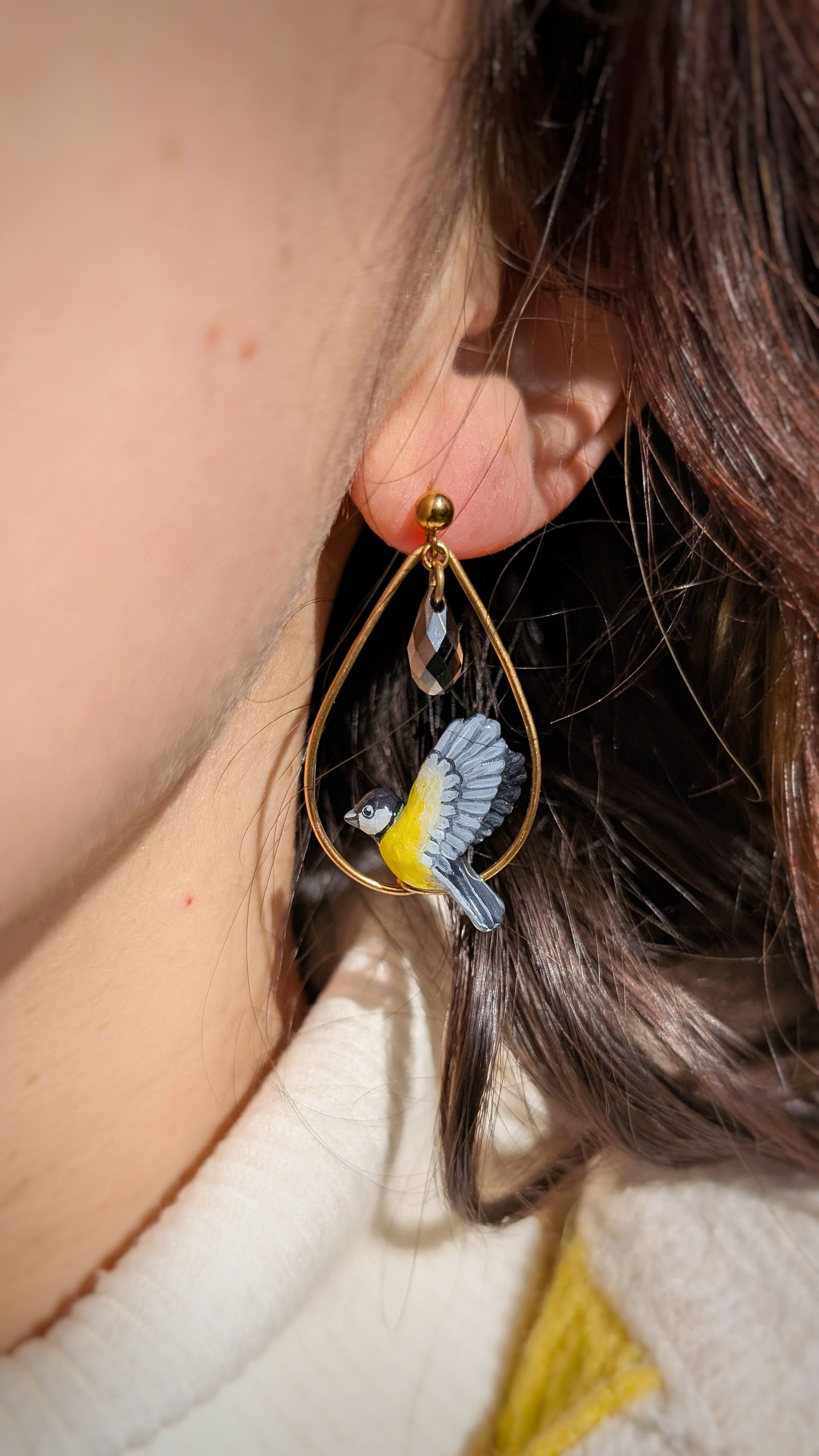 Boucles Mésange charbonnière & perle en cristal 