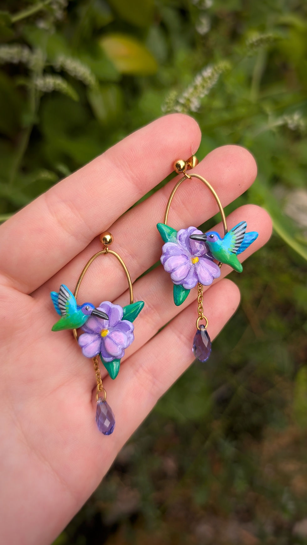 Miniature : Boucles Colibri violet, Impatience de Nouvelle Guinée & perle en cristal 