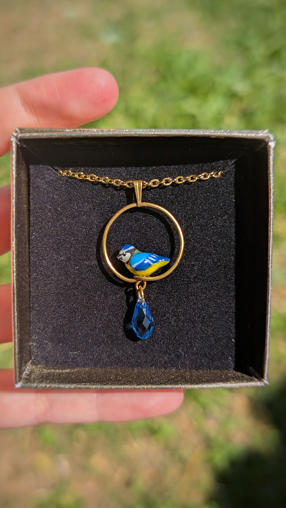 Miniature : Pendentif Mésange bleue & perle en cristal 