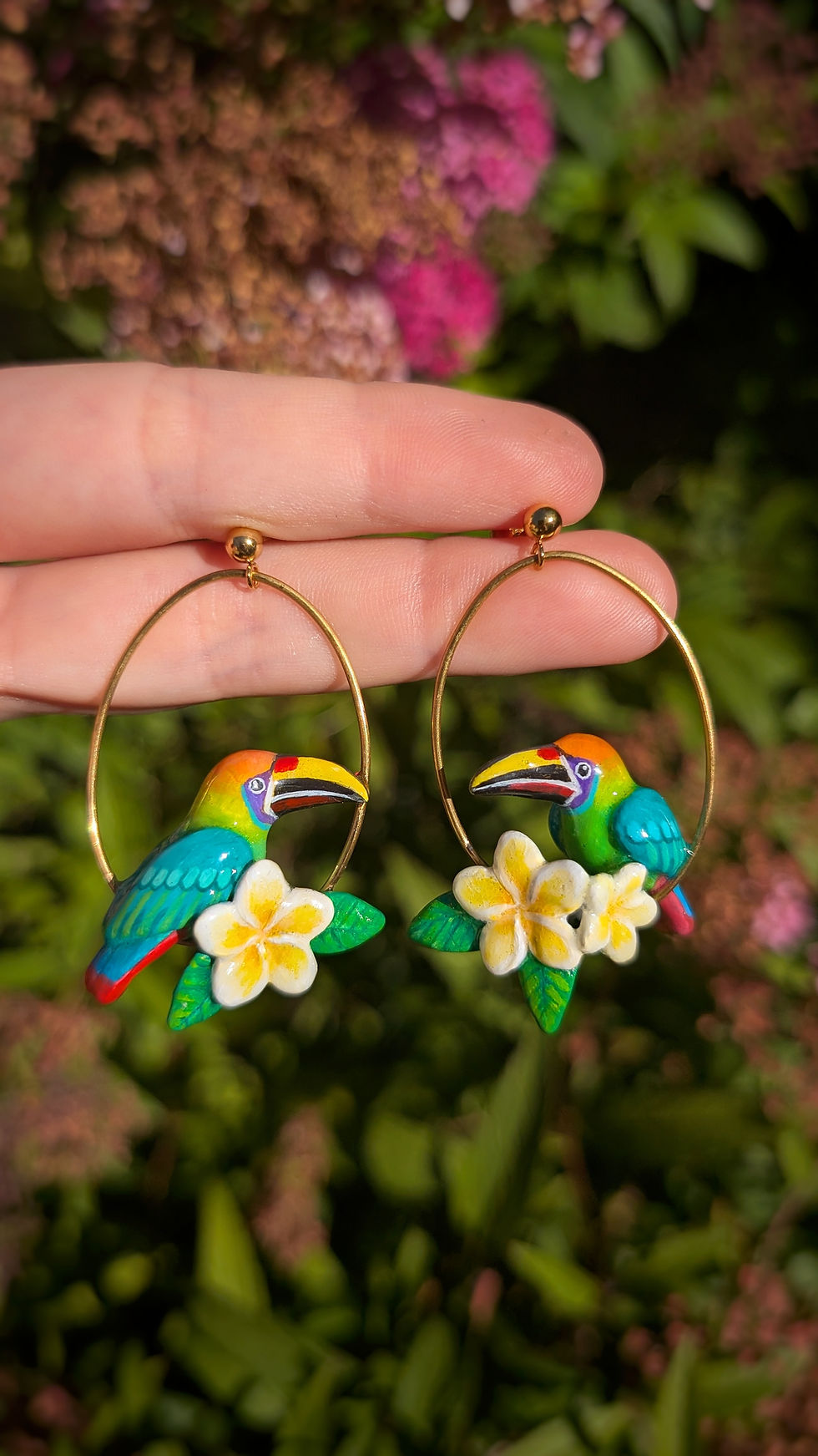 Miniature : Boucles Toucanet émeraude et Fleur de Frangipanier 