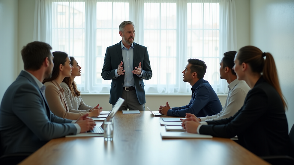 Eye-level view of a leader speaking with a small team in a bright meeting room