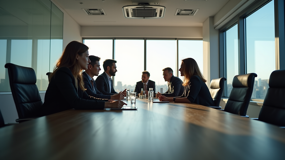 Eye-level view of a conference room with a team collaborating around a table