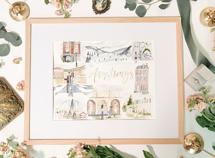 Illustration of a couple's love story in watercolor