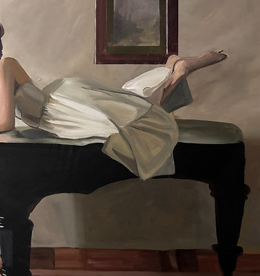 Painting of a man playing a piano and woman lying on the piano in a wedding dress