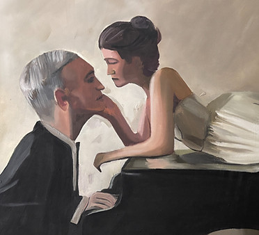 Painting of a man playing a piano and woman lying on the piano in a wedding dress