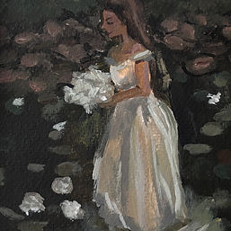 Painting of a bridal photoshoot in a stream.