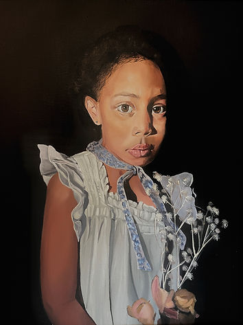Painting of a young black girl with a scared expression holding flowers