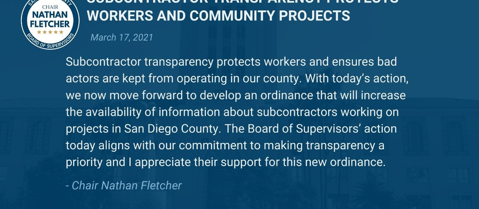 Subcontractor Ordinance to Provide More County Oversight in San Diego