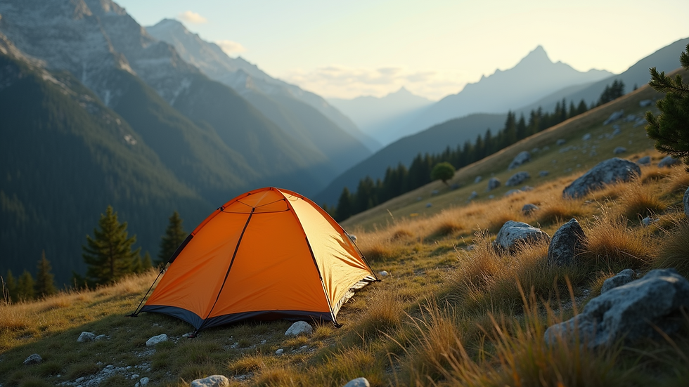High angle view of a tent set up in a scenic outdoor location