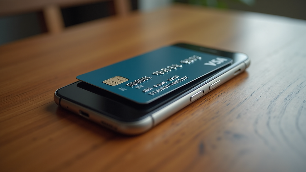 High angle view of a credit card and smartphone on a wooden table