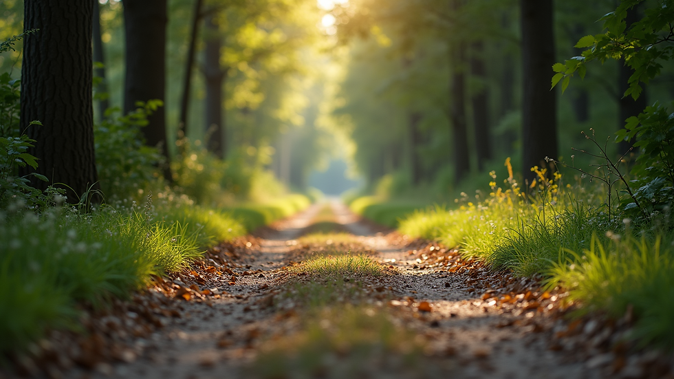 Eye-level view of a serene nature path surrounded by trees
