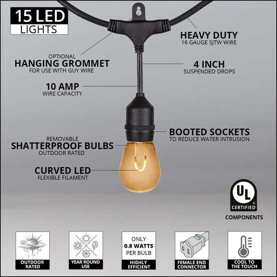 Thumbnail: 15 Lights, 45' Warm White FlexFilament Shatterproof LED Patio String Light Set