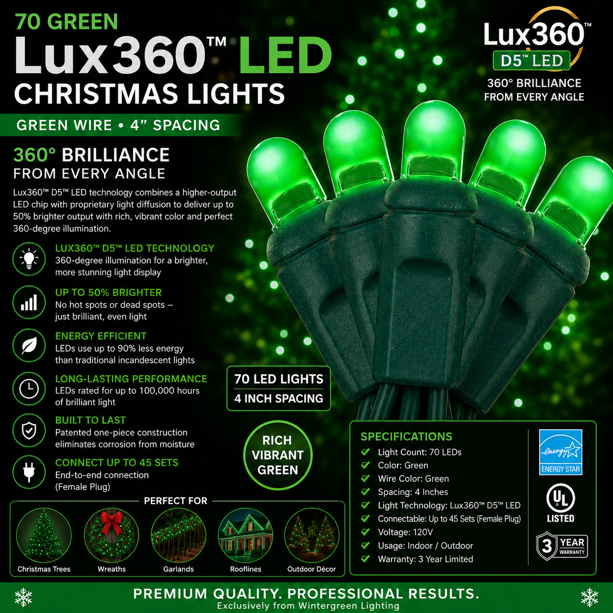 70 Green Color Lux360™ D5™ LED Christmas Lights – 4" Spacing, Green Wire