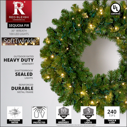 Thumbnail: 30" Commercial Sequoia Fir Prelit Wreath, 100 Warm White LED 5mm SoftTwinkle
