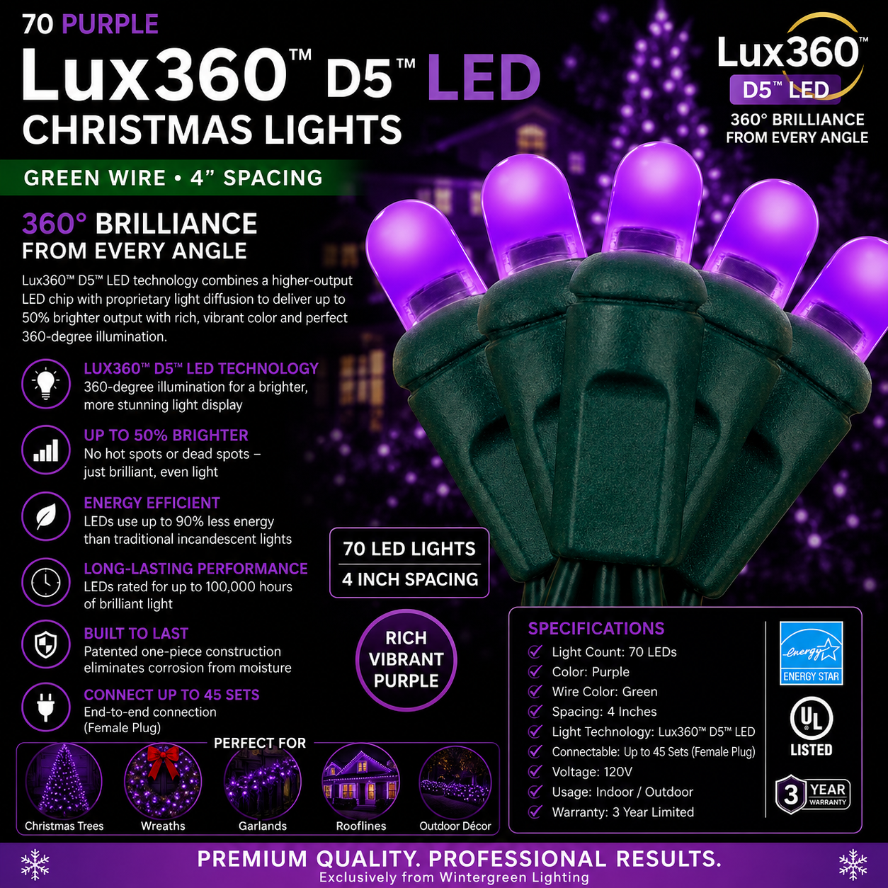 70 Purple Color Lux360™ D5™ LED Christmas Lights – 4" Spacing, Green Wire