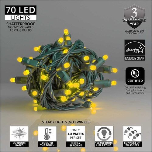 Thumbnail: 70 Gold/Yellow Color Lux360™ D5™ LED Christmas Lights – 4" Spacing, Green Wir