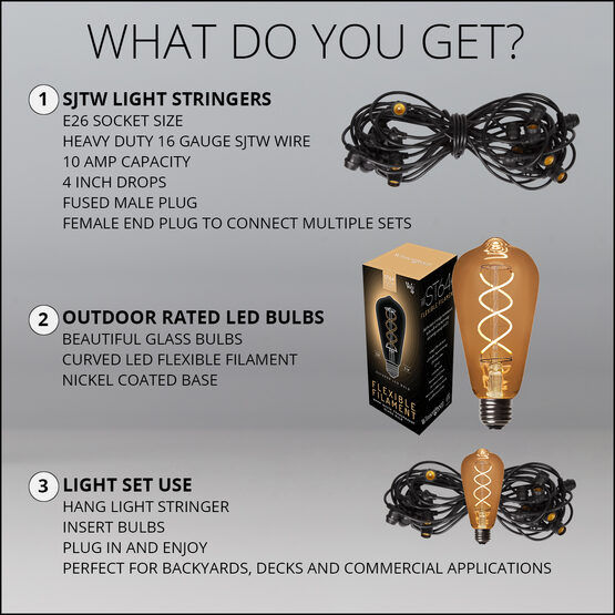 Thumbnail: 15 Lights, 45' FlexFilament LED Patio String Light Set with 5W ST64 Edison Bulbs