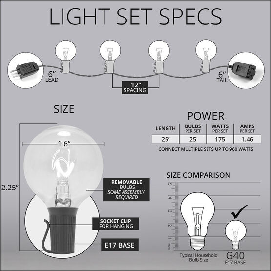 Thumbnail: 25' or 50' Commercial Clear Patio String Light Set with G40 Bulbs