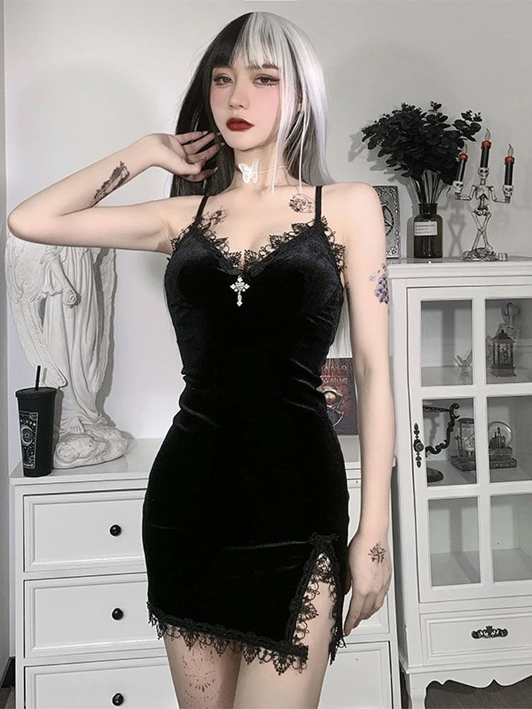 Dark Cross Black Mini Dress Vintage Sexy Spaghetti Strap High Waist Slit Dresses