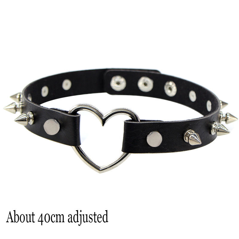 Thumbnail: Choker Collar Necklace Woman Black Punk Sexy PU Leather Heart Lock Key Spike Cho