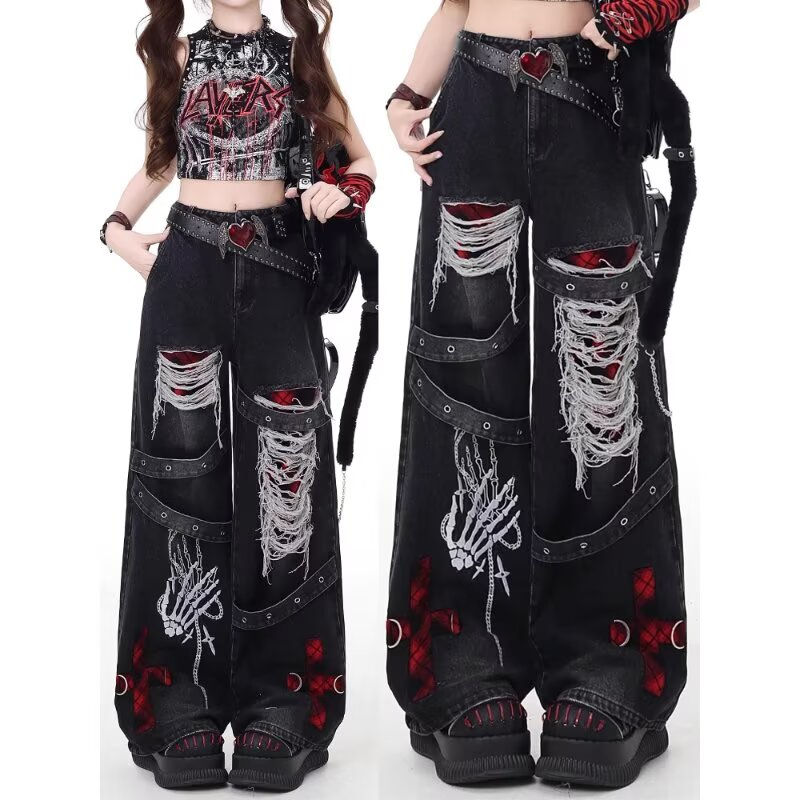 American style spicy girl loose lazy and relaxed denim pants female punk retro w