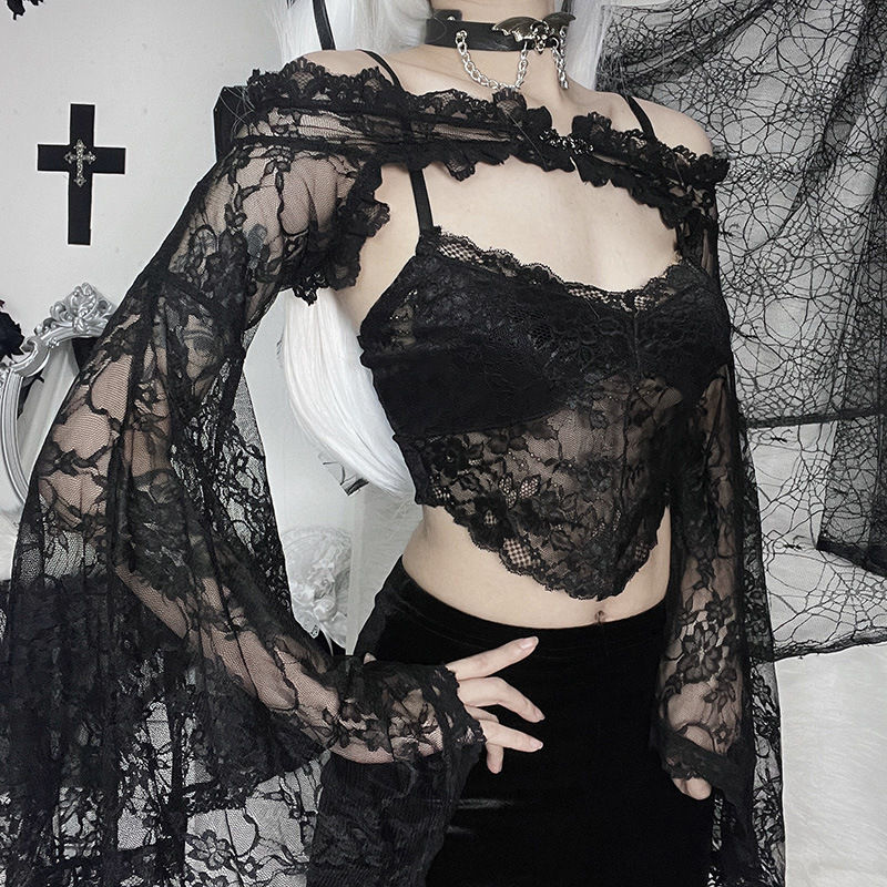 Thumbnail: Goth Long Sleeves Smock T Shirt Vintage Black Lace One Shoulder Grudge Aesthetic