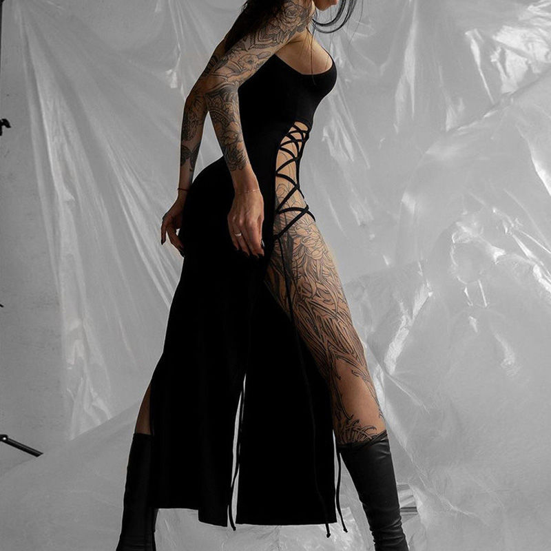 Thumbnail: Goth Dark Cosplay High Split Sexy Bandage Women Dresses Y2K Mall Gothic Halter S