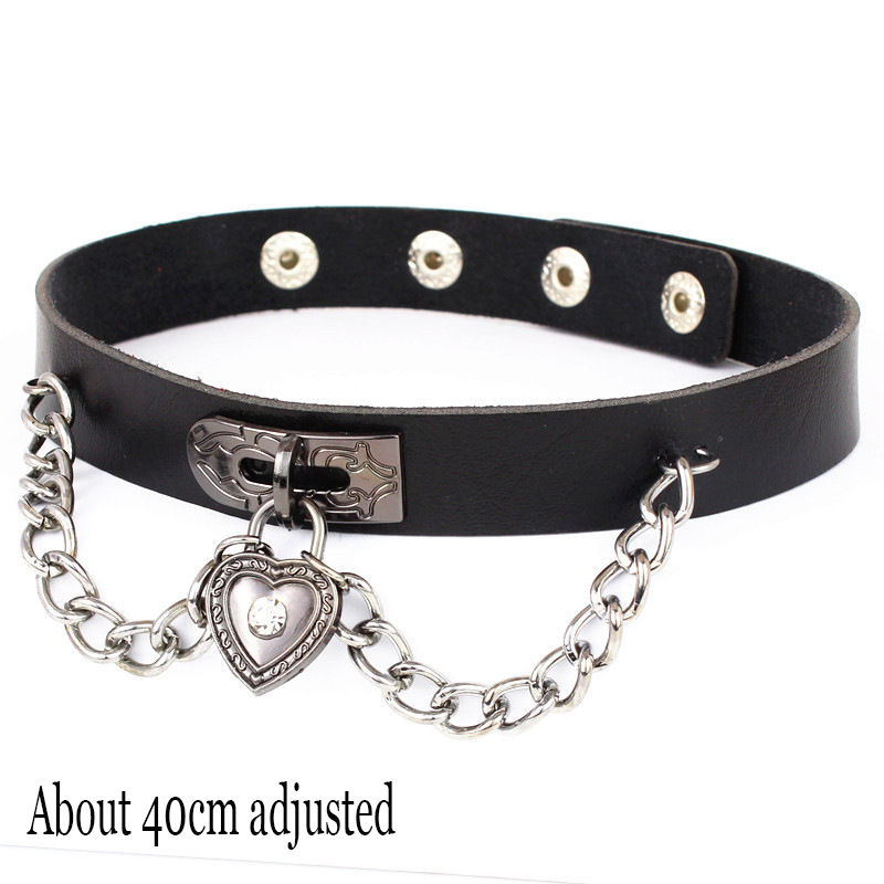 Thumbnail: Choker Collar Necklace Woman Black Punk Sexy PU Leather Heart Lock Key Spike Cho