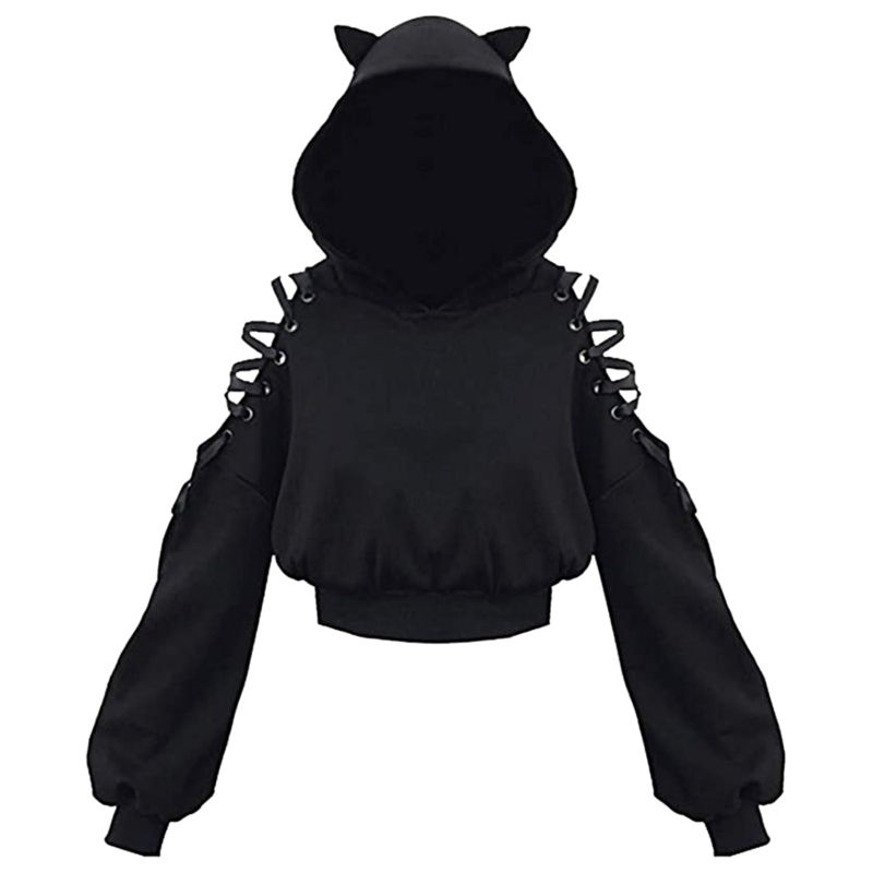 Y2k Gothic Womens Hoodie Cat Ear Crop Top Hooded Sweatshirt Hollow Out Lace Up L