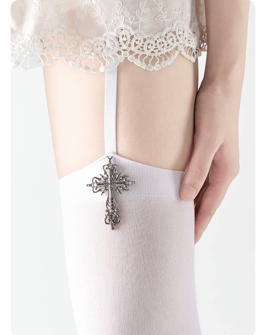 Thumbnail: Personality Cross Decoration Women Suspender Socks Solid Color Thin Thigh High L